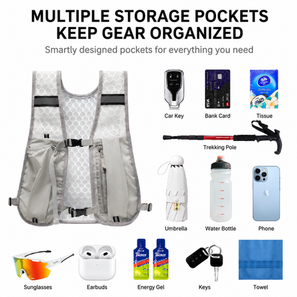 Grey Lightweight Running Hydration Vest Backpack - Breathable Mesh Reflective Sports Pack with 4 Straps, Water Bottle / Phone Holder and Back Zipper Pocket for Marathon Hiking Cycling Trail Running