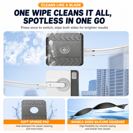 Lightweight Interior & Exterior Window Cleaner with 130CM Extendable Aluminium Pole & 3 Cleaning Pad - 2-in-1 360° Rotating Microfibre Scrubber and Squeegee for Most Household High Rise Windows