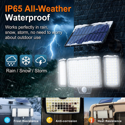 210 LED Outdoor Wall Light Integrated Solar Panel and 3 Sensor Modes, 3 Head Adjustable LED Security Light, IP65 All Weather Waterproof Remote Control Garden Lamp