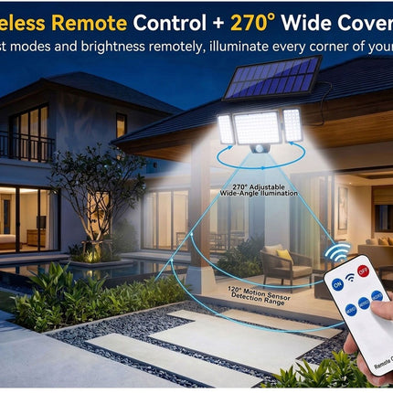 210 LED Outdoor Wall Light Integrated Solar Panel and 3 Sensor Modes (2 Pack), 3 Head Adjustable LED Security Light, IP65 All Weather Waterproof Remote Control Garden Lamp