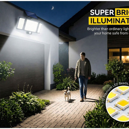 210 LED Outdoor Wall Light Integrated Solar Panel and 3 Sensor Modes (2 Pack), 3 Head Adjustable LED Security Light, IP65 All Weather Waterproof Remote Control Garden Lamp
