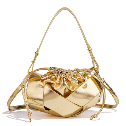 Handwoven PU Leather Drawstring Shoulder Crossbody Bag, Large Capacity Stylish Commuter Handbag with Structured Shape & Alloy Deco, Gold 29x10x15.5cm