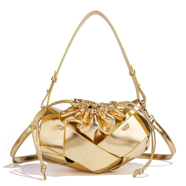 Handwoven PU Leather Drawstring Shoulder Crossbody Bag Large Capacity Stylish Commuter Handbag with