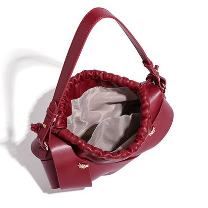 Handwoven PU Leather Drawstring Shoulder Crossbody Bag, Large Capacity Stylish Commuter Handbag with Structured Shape & Alloy Deco, Gold 29x10x15.5cm