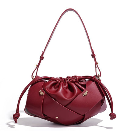 Handwoven PU Leather Drawstring Shoulder Crossbody Bag, Large Capacity Stylish Commuter Handbag with Structured Shape & Alloy Deco, Wine Red 29x10x15.5cm