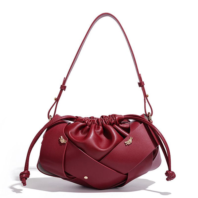 Handwoven PU Leather Drawstring Shoulder Crossbody Bag Large Capacity Stylish Commuter Handbag