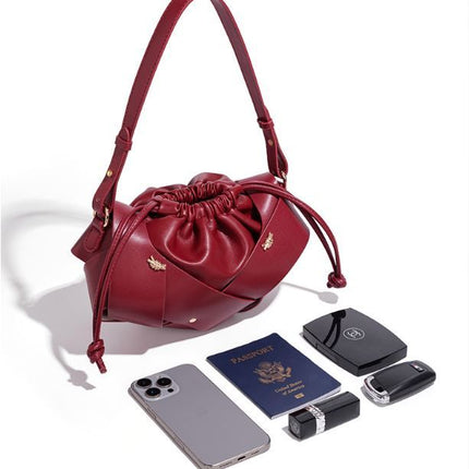 Handwoven PU Leather Drawstring Shoulder Crossbody Bag, Large Capacity Stylish Commuter Handbag with Structured Shape & Alloy Deco, Wine Red 29x10x15.5cm