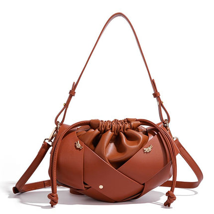 Handwoven PU Leather Drawstring Shoulder Crossbody Bag, Large Capacity Stylish Commuter Handbag with Structured Shape & Alloy Deco, Brown 29x10x15.5cm