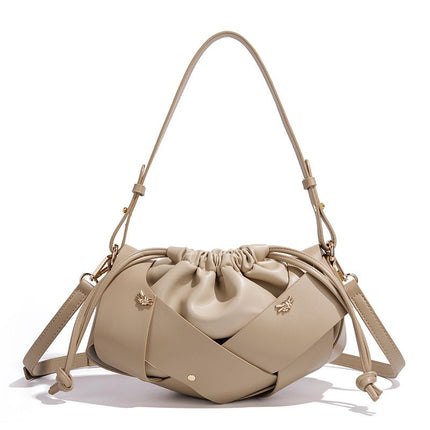 Handwoven PU Leather Drawstring Shoulder Crossbody Bag, Large Capacity Stylish Commuter Handbag with Structured Shape & Alloy Deco, Khaki 29x10x15.5cm
