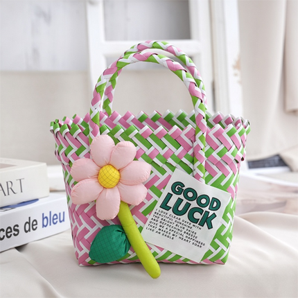 Handwoven Fresh PP Tote Bag with Upright Square Structure & Flower Deco, Durable Mini Spring Picnic Basket and Favour Handbag 16x16x9cm, Green Pink Contrastion
