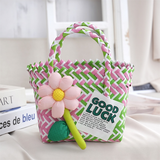 Handwoven Fresh PP Tote Bag with Upright Square Structure & Flower Deco Durable Mini Spring