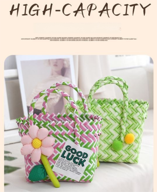Handwoven Fresh PP Tote Bag with Upright Square Structure & Flower Deco Durable Mini Spring – product detail