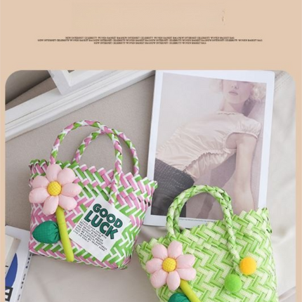 Handwoven Fresh PP Tote Bag with Upright Square Structure & Flower Deco, Durable Mini Spring Picnic Basket and Favour Handbag 16x16x9cm, Green Pink Contrastion