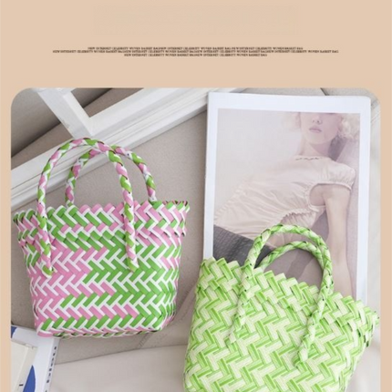Handwoven Fresh PP Tote Bag with Upright Square Structure & Flower Deco, Durable Mini Spring Picnic Basket and Favour Handbag 16x16x9cm, Green Pink Contrastion
