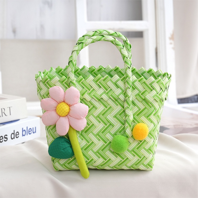 Handwoven Fresh PP Tote Bag with Upright Square Structure & Flower Deco Durable Mini Spring