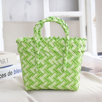 Handwoven Fresh PP Tote Bag with Upright Square Structure, Durable Mini Spring Picnic Basket and Favour Handbag 16x16x9cm, Green White Contrastion