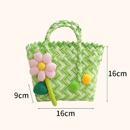 Handwoven Fresh PP Tote Bag with Upright Square Structure & Flower Deco, Durable Mini Spring Picnic Basket and Favour Handbag 16x16x9cm, Green Yellow Contrastion