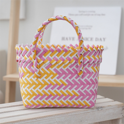 Handwoven Fresh PP Tote Bag with Upright Square Structure & Flower Deco, Durable Mini Spring Picnic Basket and Favour Handbag 16x16x9cm, Pink Yellow Contrastion