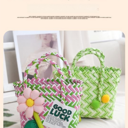 Handwoven Fresh PP Tote Bag with Upright Square Structure & Flower Deco, Durable Mini Spring Picnic Basket and Favour Handbag 16x16x9cm, Pink Yellow Contrastion