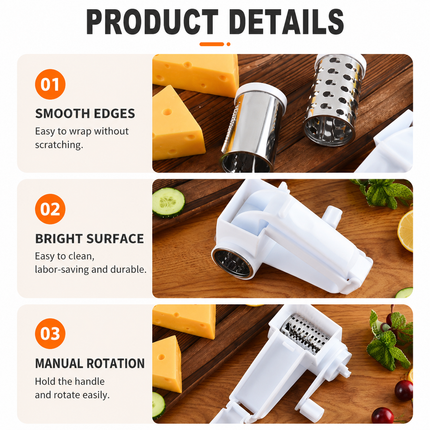 Rotary Cheese Grater with Stainless Steel Blade and Safe Top Pressing Cover – product features