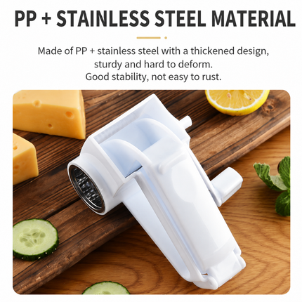 Rotary Cheese Grater with 3 Stainless Steel Blades and Safe Top Pressing Cover – design and finish