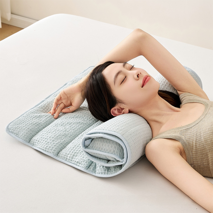 2-in-1 Blue Adjustable Travel Towel Pillow Integeatd 60 x 140CM Foldable Padded Mat, Soft Cotton Neck Support Roll Pillow Mat for Lumbar Leg Pillow or Pad Use
