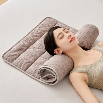 2-in-1 Coffee Adjustable Travel Towel Pillow Integeatd 60 x 140CM Foldable Padded Mat, Soft Cotton Neck Support Roll Pillow Mat for Lumbar Leg Pillow or Pad Use