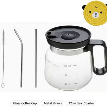 16Oz Mini Brewing Glass Coffee Mug Set with Leakproof Travel Lid, Ergonomic Handle and 2 Reusable Metal Straws for Camping Office and Home, Coffee Lovers' Top Choice，Free 12cm Yellow Bear Woven Cotton Coaster