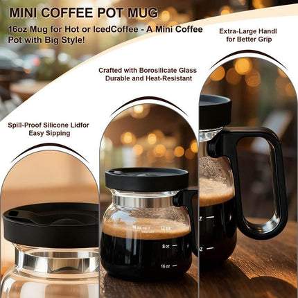 16Oz Mini Brewing Glass Coffee Mug Set with Leakproof Travel Lid, Ergonomic Handle and 2 Reusable Metal Straws for Camping Office and Home, Coffee Lovers' Top Choice,Free 12cm Yellow Bear Woven Cotton Coaster