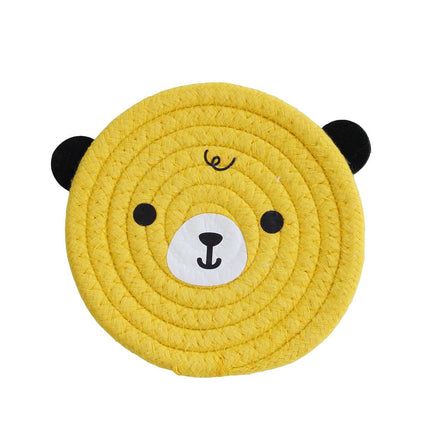 4PCS Yellow Cute Bear Woven Cotton Coasters, 12cm Dia Durable Heat Resistant Trivets Set for Drink Cup Dishes and Pot