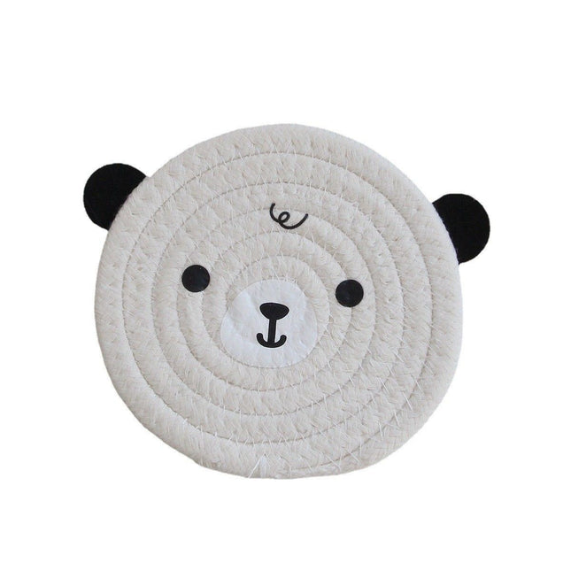 4PCS White Cute Bear Woven Cotton Coasters, 18cm Dia Durable Heat Resistant Trivets Set for Drink Cup Dishes and Pot