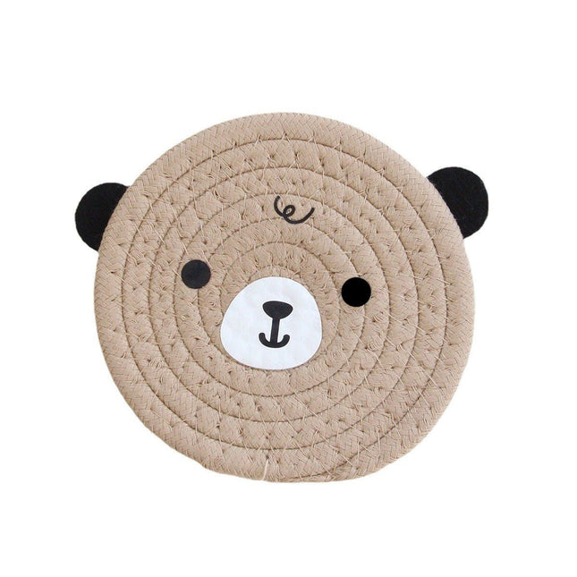 4PCS Khaki Cute Bear Woven Cotton Coasters, 18cm Dia Durable Heat Resistant Trivets Set for Drink Cup Dishes and Pot