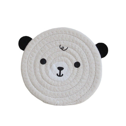 4PCS White Cute Bear Woven Cotton Coasters, 12cm Dia Durable Heat Resistant Trivets Set for Drink Cup Dishes and Pot