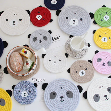 4PCS Pink Cute Bear Woven Cotton Coasters, 18cm Dia Durable Heat Resistant Trivets Set for Drink Cup Dishes and Pot