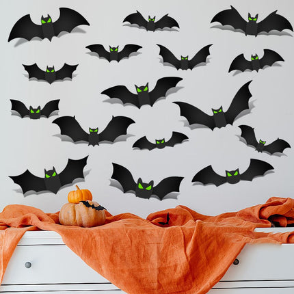 3D Glow in The Dark Bat Wall Decors Set for Halloween Party Home Spooky Backgrounds, 48 Pack Small Medium Large Stickers with Glow Eyes, Tweezer and Adhesive Dots