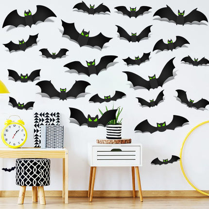 3D Glow in The Dark Bat Wall Decors Set for Halloween Party Home Spooky Backgrounds, 48 Pack Small Medium Large Stickers with Glow Eyes, Tweezer and Adhesive Dots