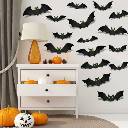 3D Bat Wall Decors Set for Halloween Party Home Spooky Backgrounds, 24 Pack Small Medium Large Stickers with Tweezer and Adhesive Dots