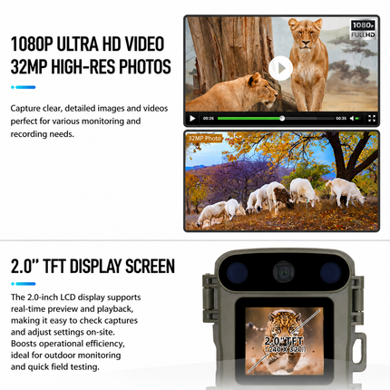 32MP 1080P Infrared Night Vision Scouting Camera, IP66 Waterproof Outdoor Wildlife Sensor Camera with 2" Color Screen & 20m PIR Range for Home Farm Security and Fauna Tracking
