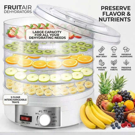 White 5 Tier Large Capacity Food Dehydrator and Healthy Snack Maker - Electric Fruit Vegetable Meat Jerky Dryer with 35-70℃ Adjustable Temp and All Round Hot Air Fast Dehydration