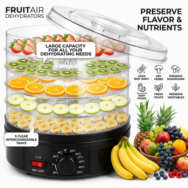 Black 5 Tier Large Capacity Food Dehydrator and Healthy Snack Maker - Electric Fruit Vegetable Meat Jerky Dryer with 35-70℃ Adjustable Temp and All Round Hot Air Fast Dehydration