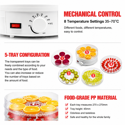 Black 5 Tier Large Capacity Food Dehydrator and Healthy Snack Maker - Electric Fruit Vegetable Meat Jerky Dryer with 35-70℃ Adjustable Temp and All Round Hot Air Fast Dehydration