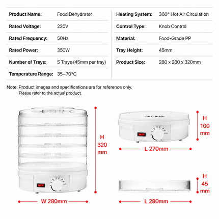 Black 5 Tier Large Capacity Food Dehydrator and Healthy Snack Maker - Electric Fruit Vegetable Meat Jerky Dryer with 35-70℃ Adjustable Temp and All Round Hot Air Fast Dehydration