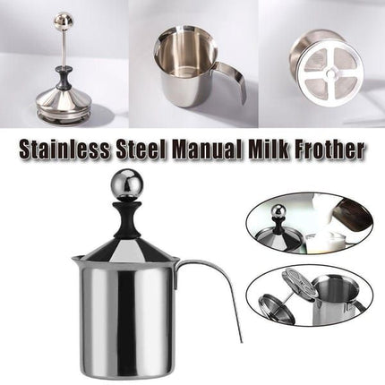 400ML 304 Stainless Steel Manual Milk Frother, Double Mesh Strainer Hand Pump Frothing Pitcher