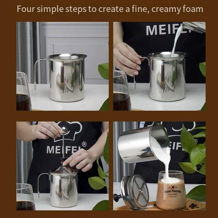 800ML 304 Stainless Steel Manual Milk Frother, Double Mesh Strainer Hand Pump Frothing Pitcher