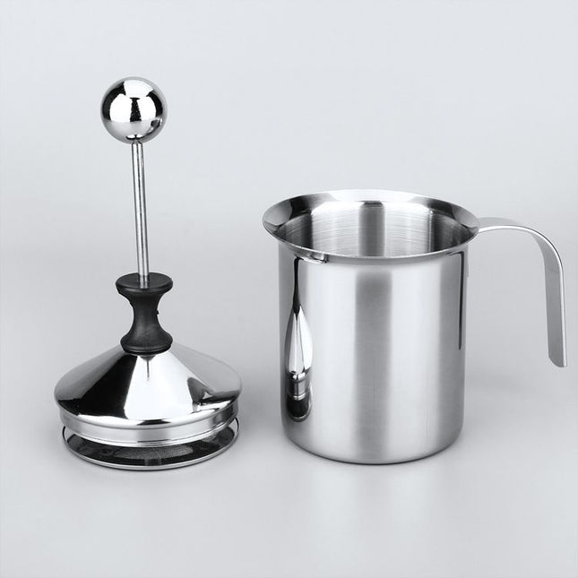 400ML 201 Stainless Steel Manual Milk Frother, Double Mesh Strainer Hand Pump Frothing Pitcher