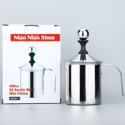 400ML 201 Stainless Steel Manual Milk Frother, Double Mesh Strainer Hand Pump Frothing Pitcher