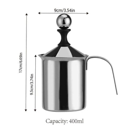 400ML 201 Stainless Steel Manual Milk Frother, Double Mesh Strainer Hand Pump Frothing Pitcher