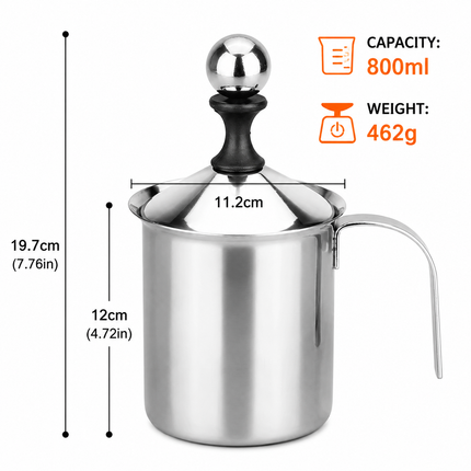 800ML 201 Stainless Steel Manual Milk Frother, Double Mesh Strainer Hand Pump Frothing Pitcher