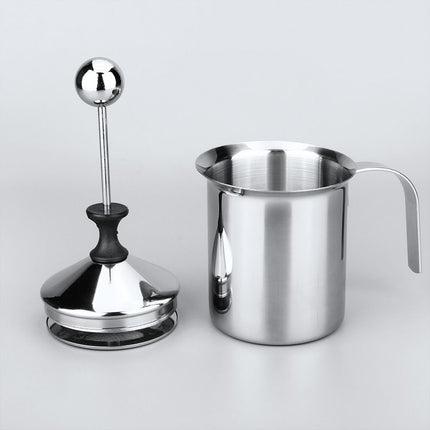 800ML 201 Stainless Steel Manual Milk Frother, Double Mesh Strainer Hand Pump Frothing Pitcher