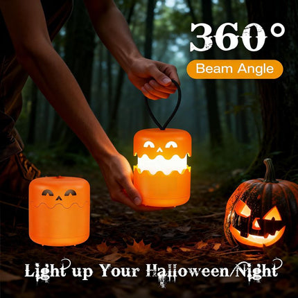 360°Beam Hanging Pumpkin Lantern with Double-Sided Spooky Expressions and Telescopic Pull-to-Open Design, Portable Rechargeable Halloween Light, Dimmable Warm LED Party Decor